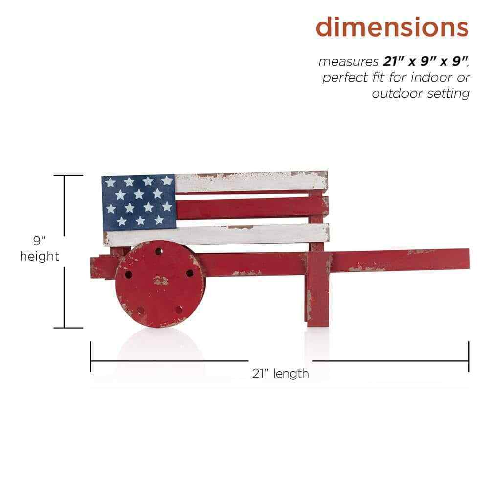 Rustic Wooden Wheelbarrow Planter with American Flag