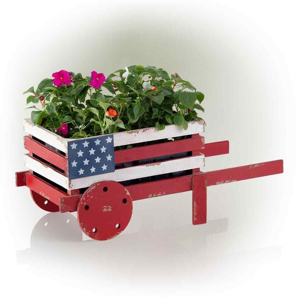 Rustic Wooden Wheelbarrow Planter with American Flag