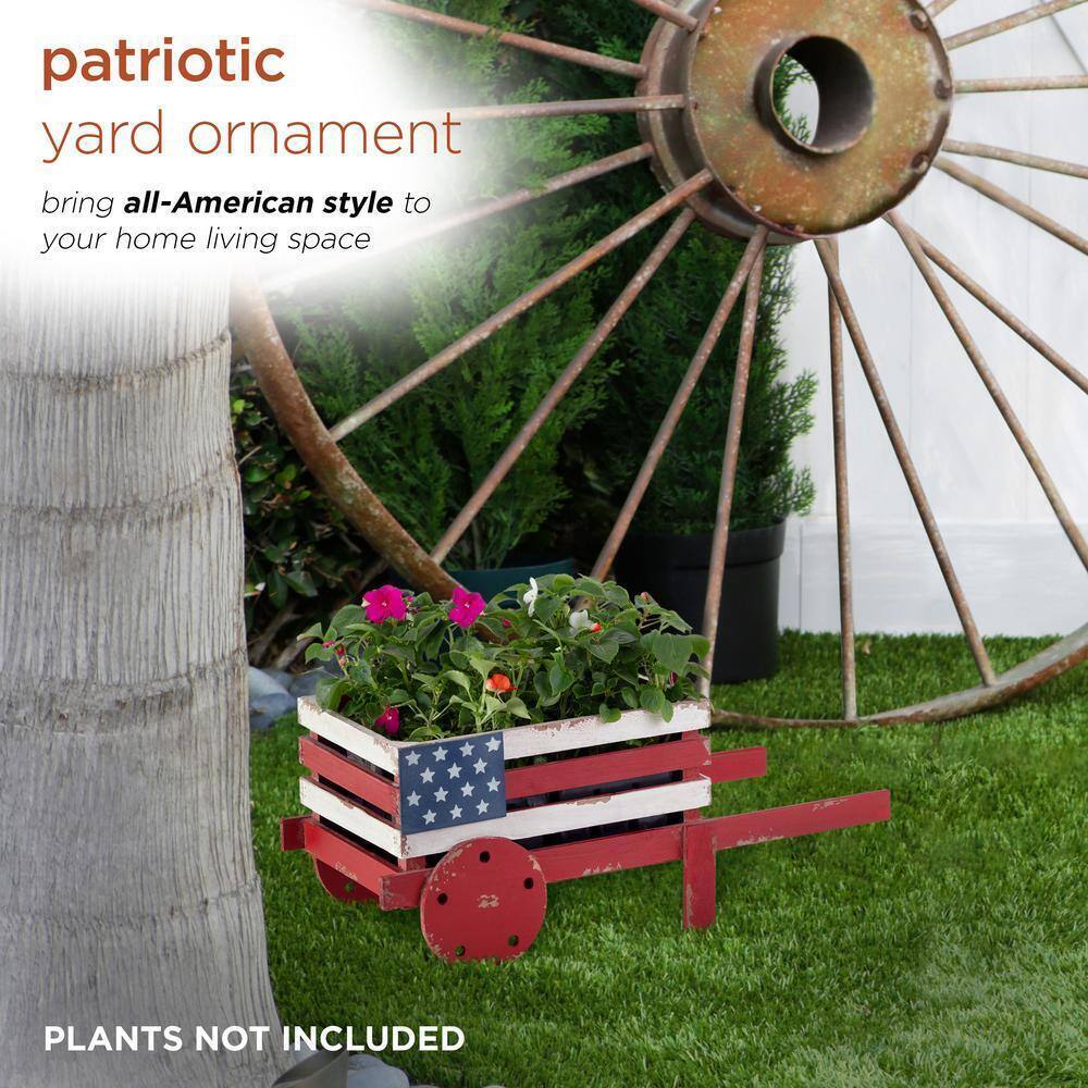 Rustic Wooden Wheelbarrow Planter with American Flag