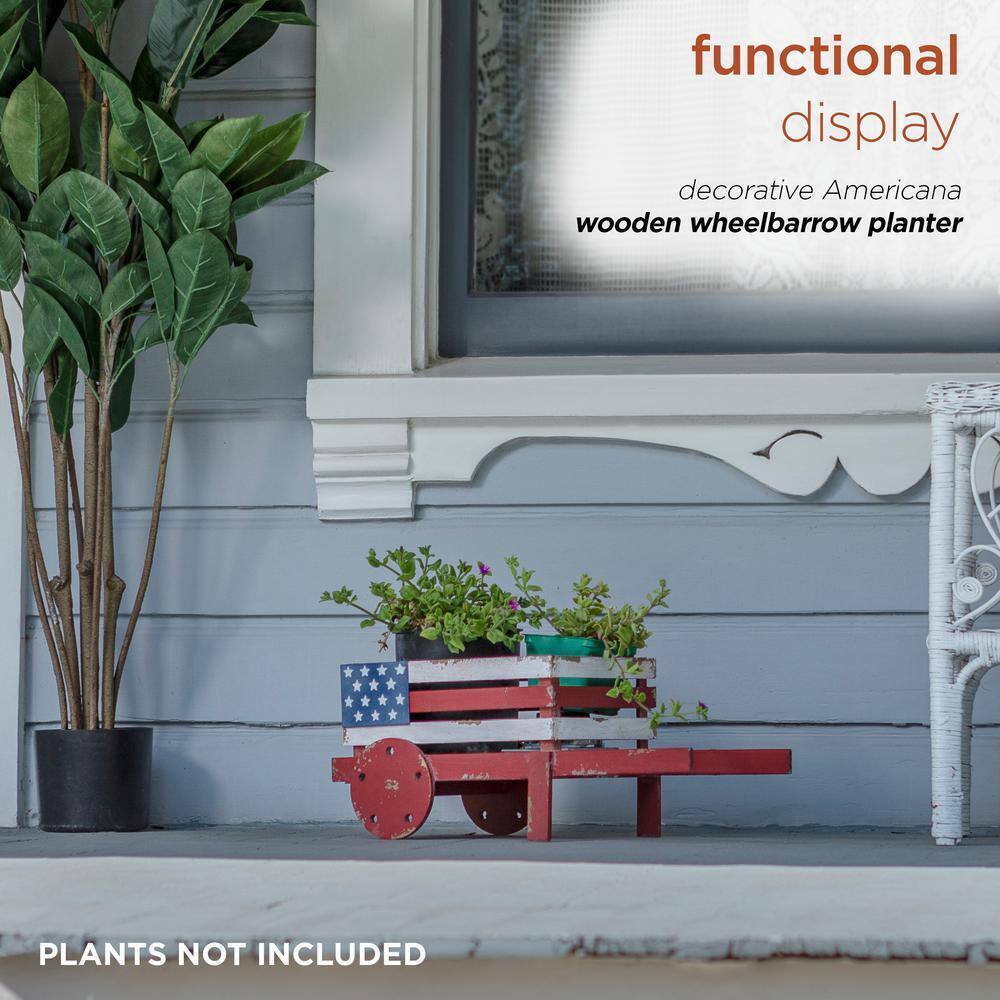 Rustic Wooden Wheelbarrow Planter with American Flag