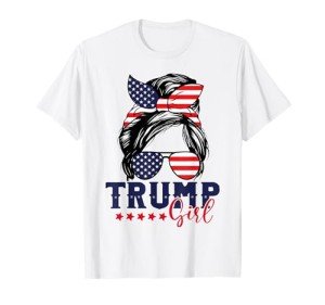 Trump Girl Messy Bun 2024 American Flag Tee
