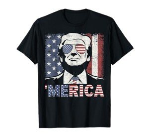 'MERICA TRUMP Happy 4th Of July Trump American Flag T-Shirt
