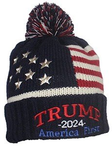 Best Winter Hats Adult US Flag Embroidered Trump Campaign Slogans Beanie - Navy/Beige 2024 AF Curved