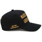 Donald Trump 2024 45-47 Never Surrender MAGA Hat, Make America Great Again Slogan with USA Flag, Black & Gold Adjustable Cap (US, Alpha, One Size, Black & Gold MAGA Hat)