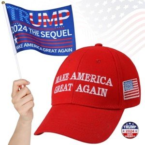Sunm Boutique Make America Great Again Hat Set, MAGA Hat & Trump Pin, Trump Hat, Adjustable Fit Baseball Cap with USA Flag (Presenting Handheld Trump 2024 Flag)