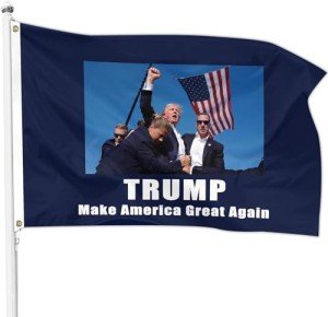 Double Sided Trump Survived Shot Trump Fighting Flag 13th July 2024 Ear Bullet-Proof Election PA Pennsylvania Rally Shot Shooting Survivor Fight Strong Fist Pump Flag with Brass Grommets 3X5 Feet Outdoor Banner Flag Trump Assassination Patriotic Flag for Outdoor Indoor