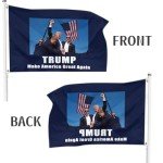 Double Sided Trump Survived Shot Trump Fighting Flag 13th July 2024 Ear Bullet-Proof Election PA Pennsylvania Rally Shot Shooting Survivor Fight Strong Fist Pump Flag with Brass Grommets 3X5 Feet Outdoor Banner Flag Trump Assassination Patriotic Flag for Outdoor Indoor