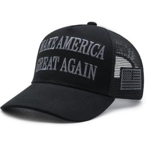 Donald Trump 2024 45-47 Never Surrender Mesh MAGA Hat, Make America Great Again Slogan with USA Flag, Adjustable Baseball Cap (US, Alpha, One Size, Black & Gray Mesh MAGA Hat)