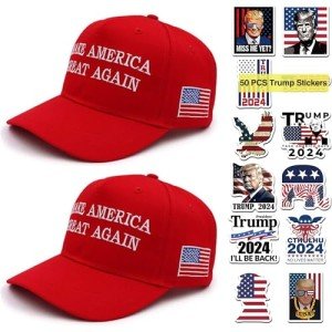 Ezcora 2 PCS Trump Hat, MAGA Hat and Trump Stickers, Trump 2024 Hat Trump Stickers 2024 Make America Great Again Hat Adjustable Baseball Cap with Trump 2024 Stickers