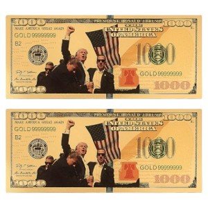 2 Pieces Trump Dollar Bills 24kt Gold Plated President Trump Banknote Uncirculated 47th Commemorative Bank Note for Collectors Historic Collectible Trump Merchandise (2 Pieces Gold-Fight-1000)