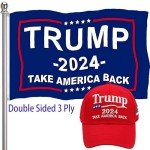 Vettres Trump 2024 Flag and Trump Hat Set,3x5 Outdoor Double Sided 3 Ply-Donald Trump Take America Back Flags MAGA hat USA Embroidery Adjustable Baseball Cap Blue Flag + Red Hat
