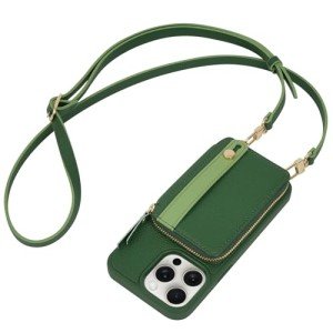 LAMEEKU for iPhone 15 Pro Wallet Case, Zipper Leather Card Slots Case, Crossbody Case Wrist Strap Lanyard with Phone Grip Holder Stand for Women for iPhone 15 Pro 6.1 inch Dark Green