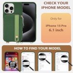 LAMEEKU for iPhone 15 Pro Wallet Case, Zipper Leather Card Slots Case, Crossbody Case Wrist Strap Lanyard with Phone Grip Holder Stand for Women for iPhone 15 Pro 6.1 inch Dark Green
