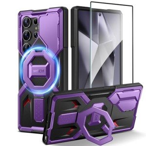 TONGATE for Samsung Galaxy S24 Ultra Case Compatible with MagSafe, [Ring Stand & Camera Cover Kickstand] Drop Shockproof Rugged Protection Phone Case for S24 Ultra with Screen Protector 6.8", Purple