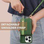 LAMEEKU for iPhone 15 Pro Wallet Case, Zipper Leather Card Slots Case, Crossbody Case Wrist Strap Lanyard with Phone Grip Holder Stand for Women for iPhone 15 Pro 6.1 inch Dark Green