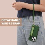 LAMEEKU for iPhone 15 Pro Wallet Case, Zipper Leather Card Slots Case, Crossbody Case Wrist Strap Lanyard with Phone Grip Holder Stand for Women for iPhone 15 Pro 6.1 inch Dark Green