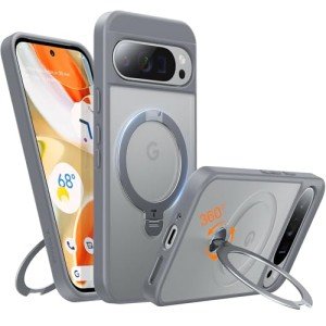 TORRAS 360° Spin Magnetic Stand for Google Pixel 9 Pro XL Case, 12FT Military Grade Protection, Compatible with Magsafe, Shockproof Slim Pixel 9 Pro XL Phone Case with Kickstand & Ring Holder, Gray