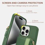 LAMEEKU for iPhone 15 Pro Wallet Case, Zipper Leather Card Slots Case, Crossbody Case Wrist Strap Lanyard with Phone Grip Holder Stand for Women for iPhone 15 Pro 6.1 inch Dark Green