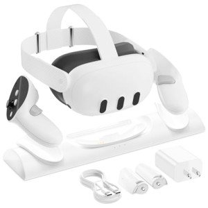 Charging Dock for Meta Quest 3, VR Charging Station for Quest 3 with LED Light, Charge Headset and Touch Controllers Simultaneously, with 2 Rechargeable Batteries, Type-C Charger, Cable, White