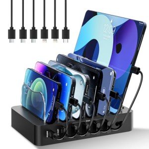 Charging Station for Multiple Devices: 68W 6 Port 20W Fast Phone Charger Dock with 6 Cables, Compatible with Apple Cellphone iPad iPhone Tablet and Other Electronic (Black)