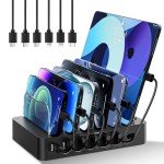 Charging Station for Multiple Devices: 68W 6 Port 20W Fast Phone Charger Dock with 6 Cables, Compatible with Apple Cellphone iPad iPhone Tablet and Other Electronic (Black)