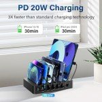 Charging Station for Multiple Devices: 68W 6 Port 20W Fast Phone Charger Dock with 6 Cables, Compatible with Apple Cellphone iPad iPhone Tablet and Other Electronic (Black)