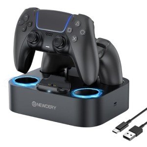 NEWDERY PS5 Controller Charger Station Compatible with Dualsense Edge Controller, Fast Charging Dock Stand with Cable, Dual Controller Charging Station for PlayStation 5 & Edge Controller