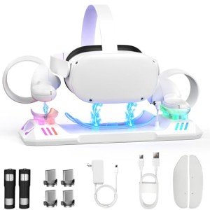RGB Charging Dock for Oculus Quest 2, Magnetic Charging Station for Meta Quest 2 VR Headset & Controllers, with 2 Rechargeable 2100mAh Batteries, USB-C Charger and Cable, Supports LED Indicator