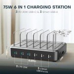 Charging Station for Multiple Devices,75W 6 Port USB C Fast Charger Station with 3 20W PD USB C,7 Charging Cables Included,USB C harging Dock for iPhone 16/15/14/13,iPad,Galaxy Tablets