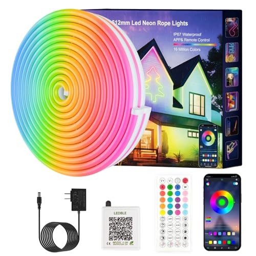 Neon Rope Lights, JIAMEI 50FT RGB LED Strip Lights, App Control, IR Remote, Music Syncing, Outdoor IP67 Waterproof, Flexible Neon Strip Lights Cuttable for Bedroom, Gaming, Party, Outdoors Decor