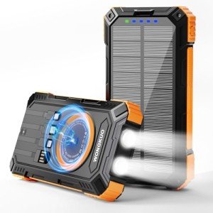 WONGKUO Solar Charger Power Bank - 49800mAh Solar Phone Charger with USB-C in/Output, QC 3.0 Fast Charging with LED Flashlight, Portable Power Bank Built-in 4 Cables, IP65 Waterproof Fits for Outdoor
