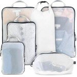 Large Packing Cube Set with See Through Mesh- Compression Packing Cubes Travel Organizers by TRIPPED Travel Gear (White)