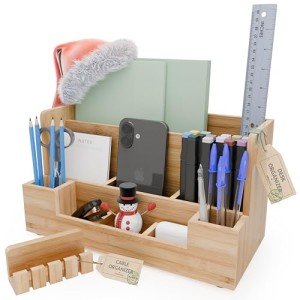 NANDEEKO Bamboo Wood Desk Organizer with Cable Organizer – File Organizer for Office Supplies Mail & Pens, Space-Saving Eco-Friendly Desktop Storage for Home Office, Includes Cable Management