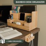 NANDEEKO Bamboo Wood Desk Organizer with Cable Organizer – File Organizer for Office Supplies Mail & Pens, Space-Saving Eco-Friendly Desktop Storage for Home Office, Includes Cable Management