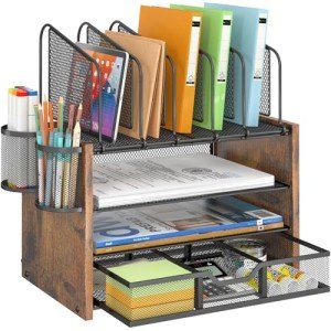 DAOUTIME 4-Tier Mesh Desk Organizer, Wooden Desk File Organizer with 5 Vertical File Holders and 2 Pen Holders, Desktop Organizer with Drawer, Desk Organizers and Accessories for Home Office
