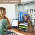 DAOUTIME 4-Tier Mesh Desk Organizer, Wooden Desk File Organizer with 5 Vertical File Holders and 2 Pen Holders, Desktop Organizer with Drawer, Desk Organizers and Accessories for Home Office