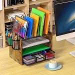 DAOUTIME 4-Tier Mesh Desk Organizer, Wooden Desk File Organizer with 5 Vertical File Holders and 2 Pen Holders, Desktop Organizer with Drawer, Desk Organizers and Accessories for Home Office