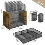 DAOUTIME 4-Tier Mesh Desk Organizer, Wooden Desk File Organizer with 5 Vertical File Holders and 2 Pen Holders, Desktop Organizer with Drawer, Desk Organizers and Accessories for Home Office