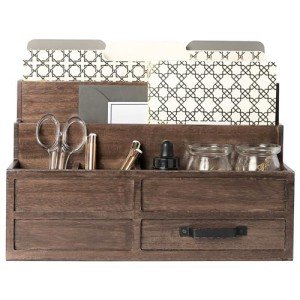 BLU MONACO Brown Wood Mail Organizer with Drawer and Pen Holder - Desk Organizer and Sorter for Bills, Storage, Countertop and Kitchen