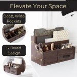 BLU MONACO Brown Wood Mail Organizer with Drawer and Pen Holder - Desk Organizer and Sorter for Bills, Storage, Countertop and Kitchen