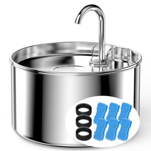 Cat Water Fountain Stainless Steel + 6 Filters + 3 Sponges - Pet Water Fountain 24/7 Keep The Water Fresh 74oz Capacity Ultra-Quiet No Sputter Compact Easy to Clean