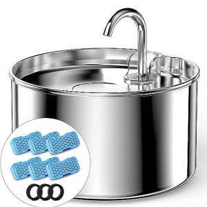 AOOGITF Cat Water Fountain + 6 Filters + 3 Sponges, 304 Stainless Steel Pet Water Fountain, 24 Hours Keep The Water Clean, 74oz Capacity, Ultra-Quiet, No Sputter, Compact, Easy Cleaning
