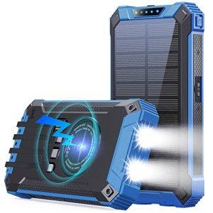 GOODaaa Power Bank Wireless Charger 36000mAh Built in 4 Cables Six Outputs 15W Fast Charging Power Bank for All Mobile Devices Three Inputs Solar Portable Charger with Dual Flashlights, Carabiner