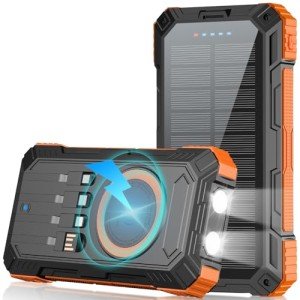 Saraupup Solar Charger Power Bank 49800mAh Wireless Portable Phone Charger, 22.5W QC3.0 Fast Charging Built in 4 Cables with USB C 6 Outputs & 2 Inputs for Cell Phone Orange