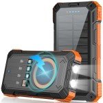 Saraupup Solar Charger Power Bank 49800mAh Wireless Portable Phone Charger, 22.5W QC3.0 Fast Charging Built in 4 Cables with USB C 6 Outputs & 2 Inputs for Cell Phone Orange