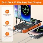 Saraupup Solar Charger Power Bank 49800mAh Wireless Portable Phone Charger, 22.5W QC3.0 Fast Charging Built in 4 Cables with USB C 6 Outputs & 2 Inputs for Cell Phone Orange