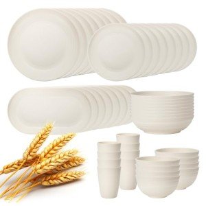 Lazycorner 48-Piece Wheat Straw Dinnerware Sets for 8, Unbreakable Reuasble Dinner Dishes Serving Plate Set for Kitchen, Including Plastic Dinner Plate, Dessert Plate, Bowl, Cup(Beige)