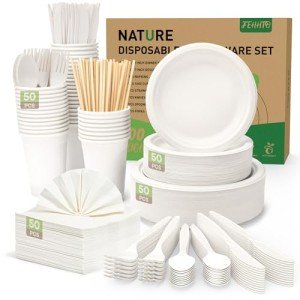 FEHHTO 400PCS Compostable Paper Plates Set, Disposable Eco-friendly Dinnerware Set, Biodegradable Heavy-Duty Paper Plates, Utensils, Cups and Straws for Party Camping 50 (White)