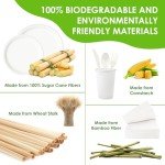 FEHHTO 400PCS Compostable Paper Plates Set, Disposable Eco-friendly Dinnerware Set, Biodegradable Heavy-Duty Paper Plates, Utensils, Cups and Straws for Party Camping 50 (White)