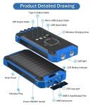 GOODaaa Power Bank Wireless Charger 36000mAh Built in 4 Cables Six Outputs 15W Fast Charging Power Bank for All Mobile Devices Three Inputs Solar Portable Charger with Dual Flashlights, Carabiner